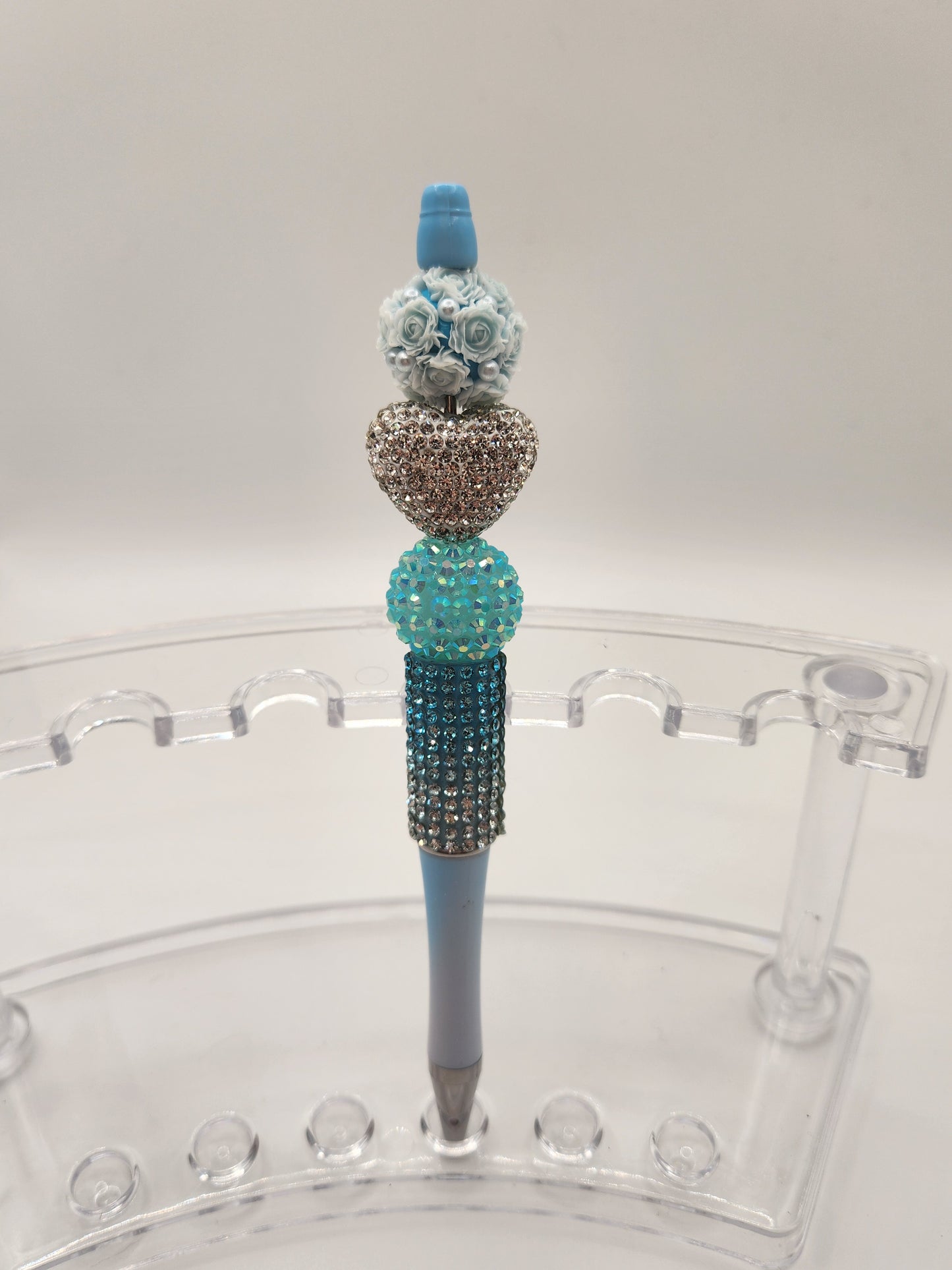 White Heart & Blue beads w Rhinestone Pen