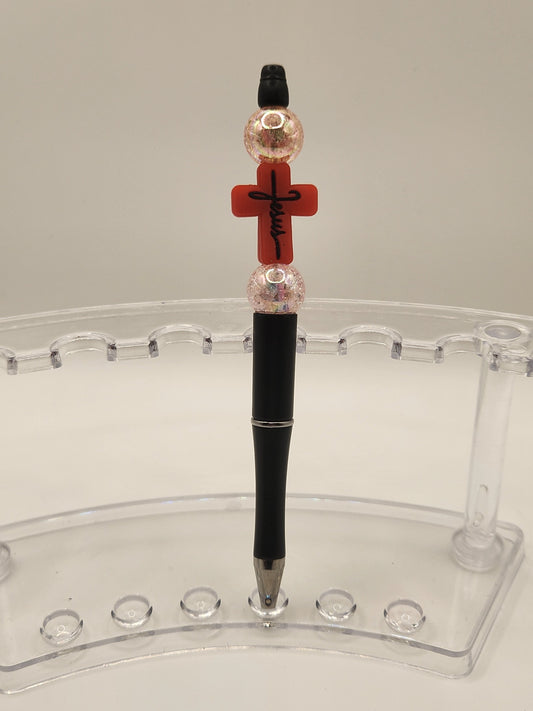 Acrylic & Silicone Red Cross Beaded Pen