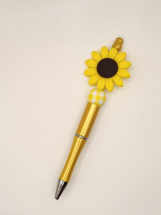 Yellow Sunflower with Gold Pen: Pre-Made Beaded Pen