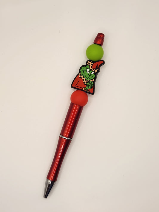 Grinch With Cheetah Jacket: Pre-Made Beaded Pen