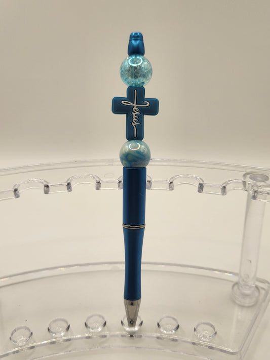 Acrylic & Silicone Blue Cross Beaded Pen