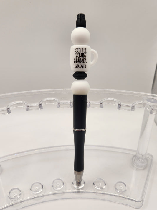 White Scrub Coffee Cup Beaded Pen