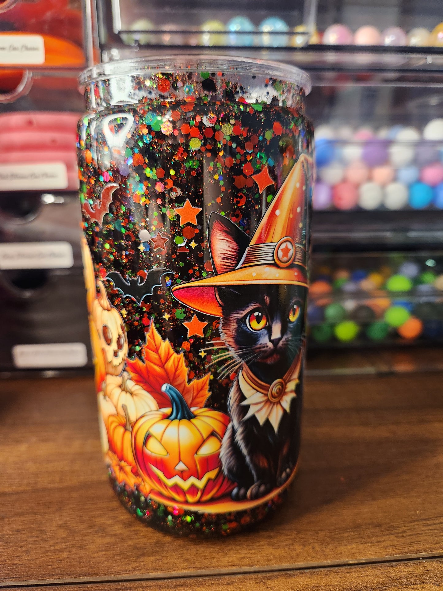 Acrylic Halloween Cat Snow Globe Tumbler
