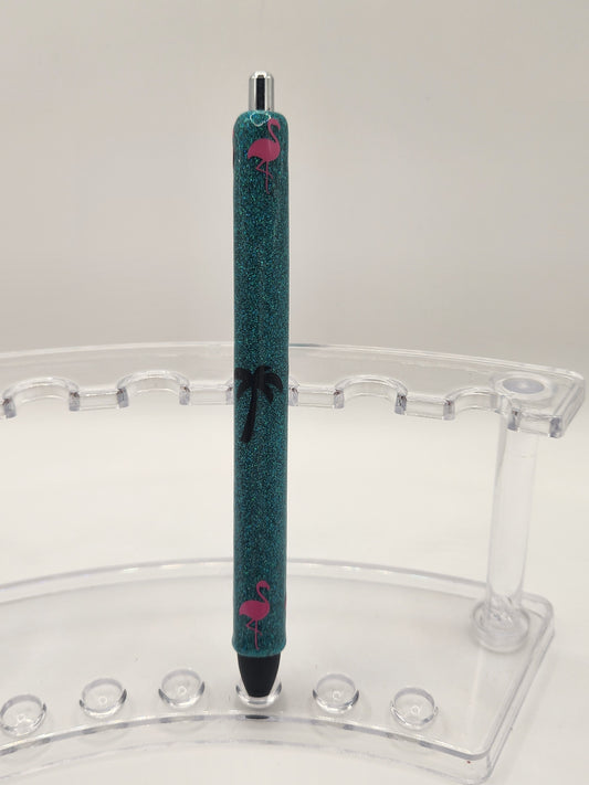 Teal Flamingos and Palm Tree Pen